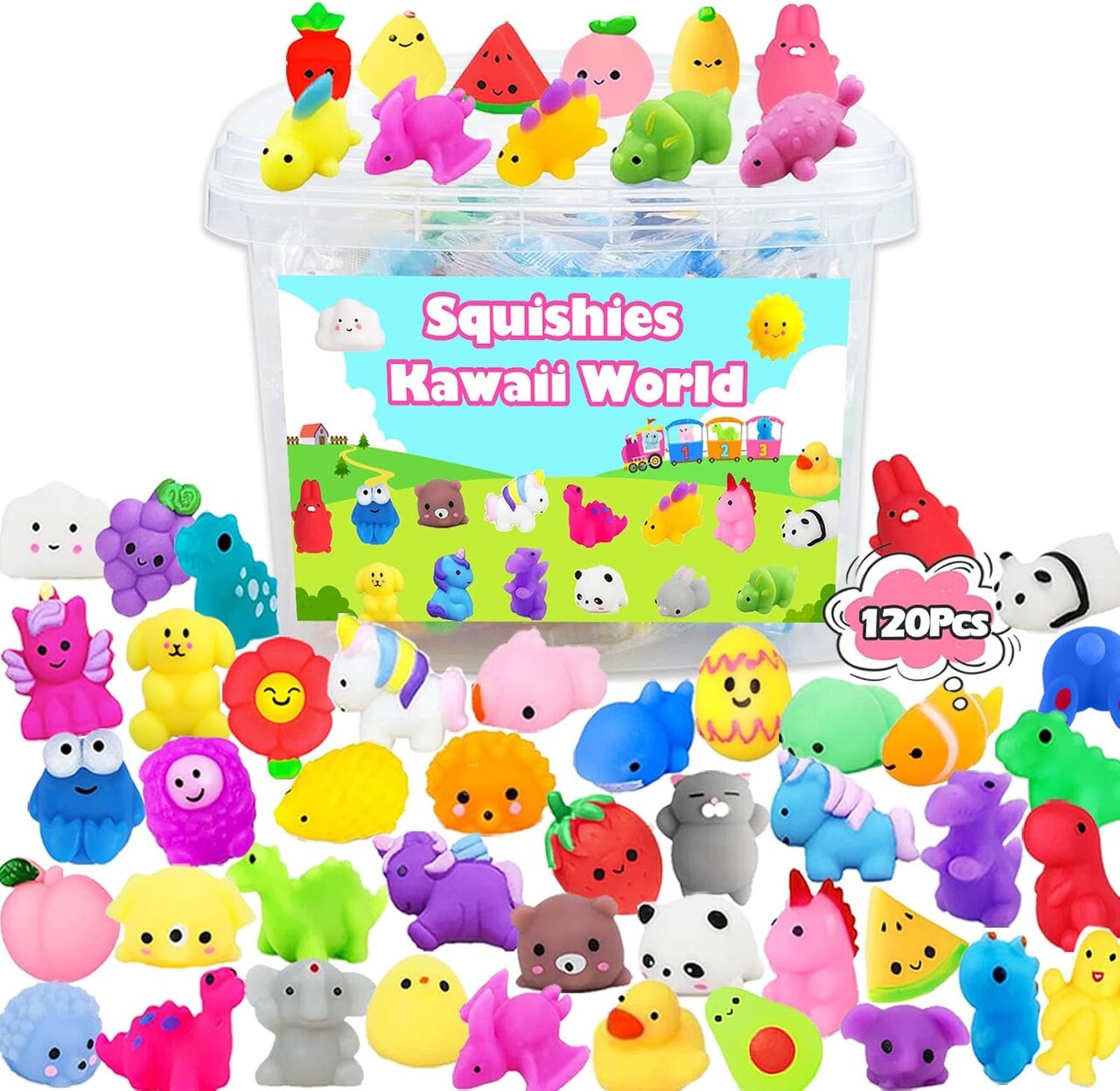 120-Pack Mochi Squishy Toys – Mini Kawaii Squishies for Kids, Party Favors, Classroom Prizes, Stress Relief Toys, Easter Basket Stuffers & Fillers with Storage Box